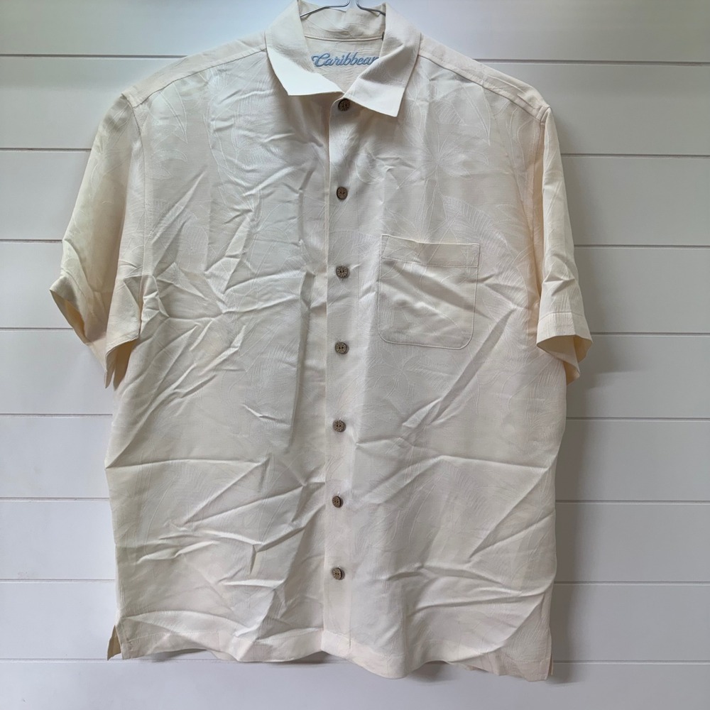 Caribbean Mens Large Cream Tropical Leaf Jacquard Short Sleeve Button Down Shirt